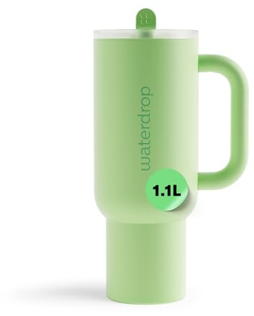 waterdrop® Thermobecher mit Strohhalm 1,1L – Auslaufsichere, robuste Trinkflasche mit aufklappbarem Trinkhalm, Hält 12h kalt, Trinkbecher mit Deckel, isolierte Edelstahlflasche