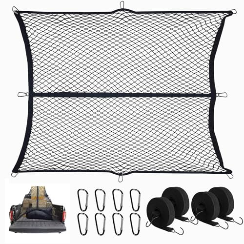 Rete da Carico per Camion, 1,5 x 1,8 m, Estensibile Fino a 2,5 m x 2,8 m (Monostrato), Rete per Bagagli Altamente Elastica, Rete Bagagliaio Auto, con 8 Moschettoni in Acciaio + 4 Cinghie 2m Fissaggio