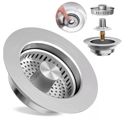 PXBSNB Filtro di scarico per lavello da cucina e lavello pop-up 3 in 1, filtro di scarico in acciaio inox 304, con cestello anti-intasamento, filtro per lavello per profondità > 40 mm, foro per