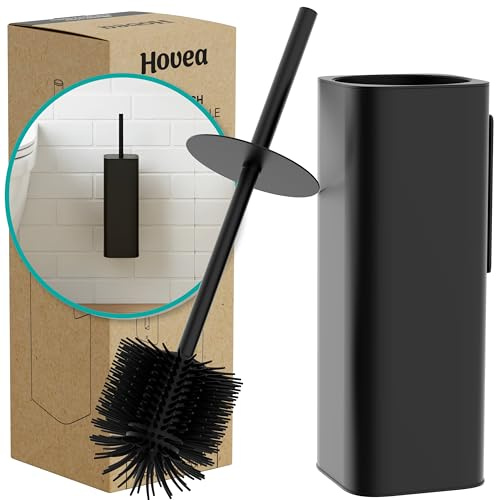 Hovea - Scopino WC Sospeso Nero - Scopino Silicone e Metallo - Nessuna Foratura - Montaggio a Parete con Adesivo o Vite - Porta Scopino Bagno WC - WC3680