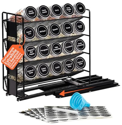 Avilia - Porta Spezie per Cucina con 20 Barattoli Vetro, Struttura Estraibile Salvaspazio, Etichette Impermeabili, Imbuto Silicone e Penna Inclusi