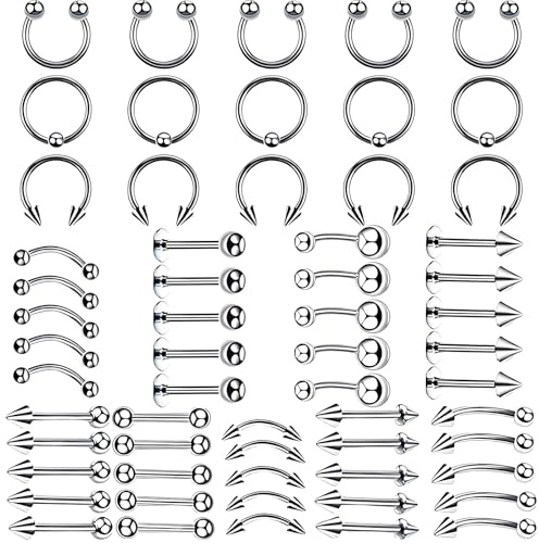 xwnyzw 60Pcs 16G Stainless Steel Piercing Jewellery, 8mm Vertical Labret Lip Bars Curved Barbell Piercings Eyebrow Bars for Women, Eyebrow Piercing Jewellery for Lip Studs Septum Studs Nose Piercings
