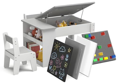 Tavolino con Sedie per Bambini - Tavolo Multifunzione 4 in 1 con 2 Sgabelli, Almacenamiento e Piano Reversibile (Lavagna, Whiteboard, Base per Chiodini) - Tavolo da Gioco e Disegno Sicuro per Bambini