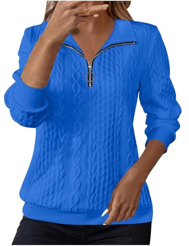 Ladies Sweatshirts Women's Jumpers for Women UK Sweatshirts Lapel Half Zip Pullover Knit Cable Ladies Sweatshirt Long Sleeve Tops Fall Winter Sweaters Warm Hoodies Outfit Clothing Blue XXL