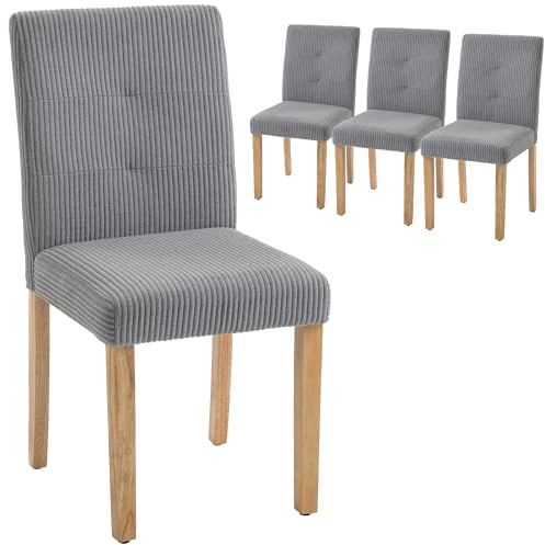 HOMCOM Pack de 4 Sillas de Comedor, Sillas de Cocinas Modernas, Respaldo Alto, Tapizadas en Pana, Asiento Acolchado, Patas de Madera, para Salón, Gris