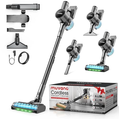 Muvano Aspiradora sin Cable Potente Succión de 45 kPa 500W Hasta 60 Minutos de Autonomía Resistente a Enredos Aspiradora Escoba Recargable con Soporte de pared para Pelo de Mascotas y Suelos de Madera