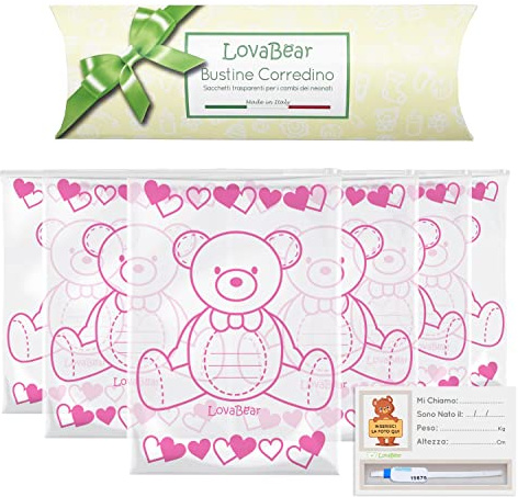 Lovabear 6 Bustine Corredino Neonato – Sacchetti, Buste Ospedale Nascita, Chiusura con Cursore Ermetico GripLock, 6pz Trasparenti Porta Primo Cambio Vestiti Borsa Parto, Bambina, Idea Regalo (Rosa)