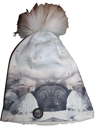 Sportalm Kitzbühel Damen Cap Mütze Beanie Deniz Grau Blau mit Echtpelz