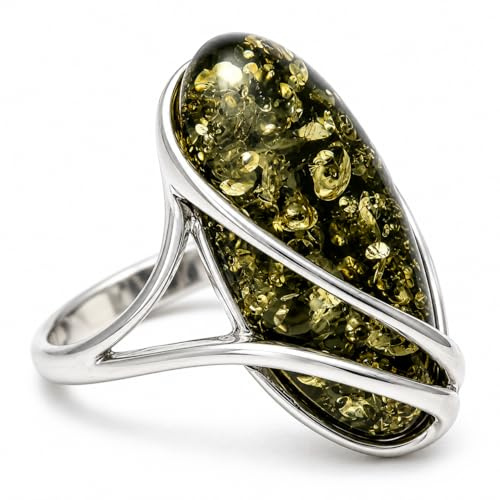 Bague Ajustable Large Argent 925 et Ambre Vert Baltique - GL423GA