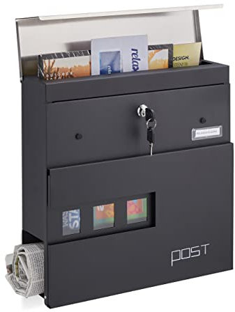 Relaxdays Buzón Exterior, Compartimento para Periódicos, Acero, con Ventanilla, de Pared, 2 Llaves, 37x37x11 cm, Negro, Hierro