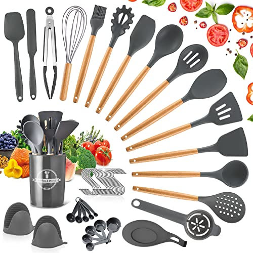 YUTUY Ustensiles de Cuisine en Silicone,Set de 21 ustensiles de Cuisine,Manche en Bois, Silicone Résistant à la Chaleur,Batterie de Cuisine+20 S Crochets(Gris Foncé)