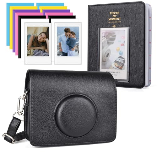 HIYQIN Housse de Protection avec Accessoires Compatible avec Fujifilm Instax Mini Evo, Étui en Cuir pour Instax Mini Evo et Album Photo 64 Pochettes - Noir+ Noir