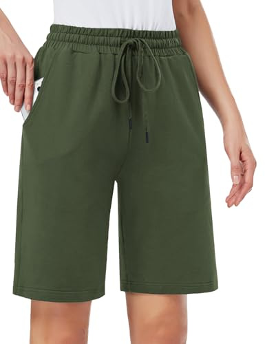 MOVE BEYOND Women's 10'' Inseam Bermuda Shorts 3 Pockets Athletic Yoga Gym Sweat Shorts with Drawstring Lounge Sleep Shorts, Green, XS