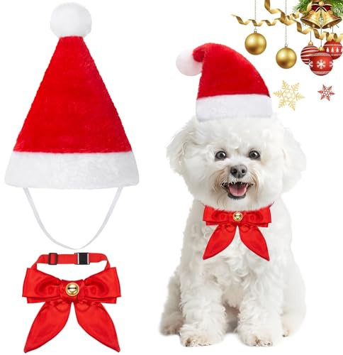 MELLIEX 2 Pezzi Costume di Natale per Animali Domestici, Natalizio Costumi Cappello da Babbo Natale e Papillon Regolabile per Cane Gatto