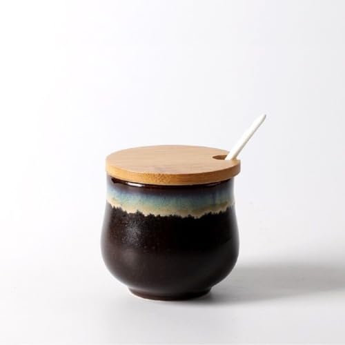 FülleMore Keramik Gewürzdose Zuckerdosen mit Deckel und Löffel Retro Gewürzgläser Küche Gewürzbehälter Vorratsdose Salzdose Vorratsbehälter Gewürzbox 230ml (Braun)