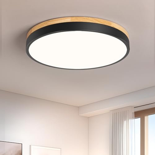 Vikaey Moderne Deckenlampe Holz,LED Deckenleuchte Schwarz,4000K,24W Schlafzimmerleuchte Für Wohnzimmer,Flur,Studie,Küche,Bad,Esszimmer,Ø30 cm