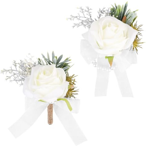 LUCKNIGHT 2 Pack White Corsage Wristlet and Boutonniere Set Handmade Artificial Bracelet Button Holes Rose Flower Bracelet White Boutonniere Prom Flower Corsage for Wedding, Ceremony Anniversary