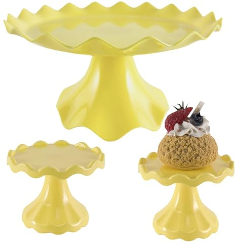 Juego de 3 soportes para tartas, soporte para tartas con encaje, mini soporte para cupcakes para fiestas, bodas, cumpleaños, celebraciones, baby shower, aniversario (amarillo macaron)
