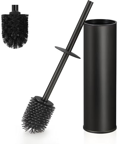 DAZI scopino bagno wc metallico, scopino wc Nero opaco con 2 spazzolone bagno wc a manico lungo per una pulizia profonda del lavandino