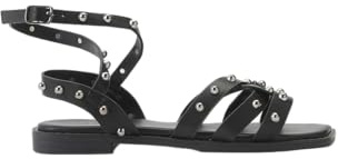 Koroshi Sandalias Planas Tiras Efecto Piel con Tachuelas metalícas y Cierre con Hebillas en el Tobillo para Mujer, de Color Black, Talla 36