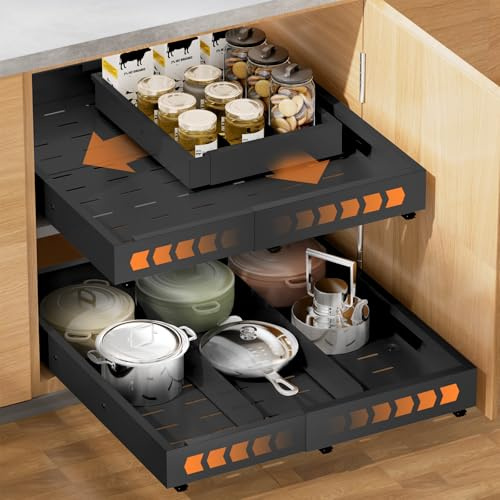 YJHome 4-Way Expandable Pull Out Cabinet Organizer with Magnetic Divider, Adjustable Width Depth Telescopic Kitchen Slide Out Drawer for Kitchen Cupboards Bathroom Storage, Black 1 Pack