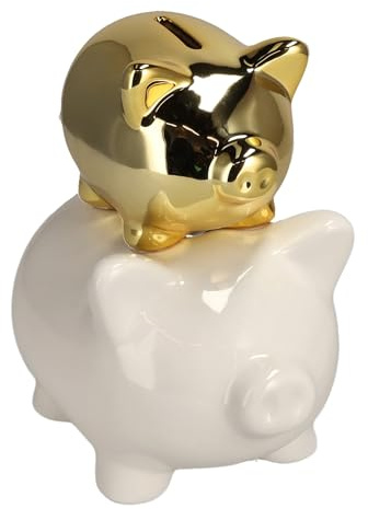 home&you - Hucha con forma de cerdito, juego con 2 cerditos, hucha de cerámica, regalo de dinero, idea de regalo para niños, decoración para habitación infantil, 18,5 x 12 x 17 cm - blanco/dorado