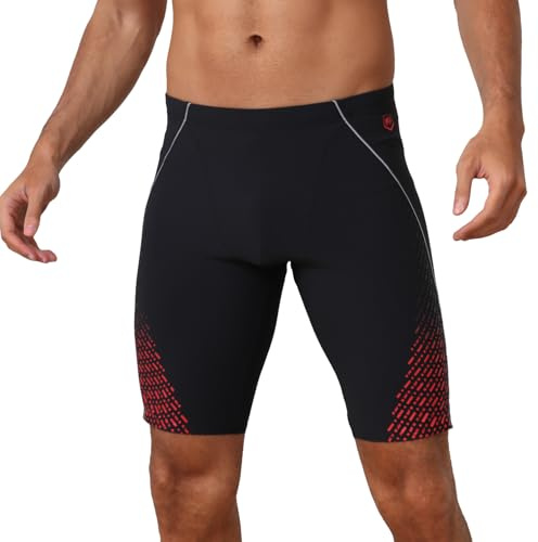 iSLASISIA Jammers Swim Shorts, Solid Athletic Swimming Trunks Men, Endurance Long Training Jammer Swimwear（Black&Red,L）