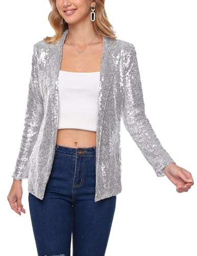 Sequin Jacket for Women Sparkly Blazer Open Front Long Sleeve Glitter Cardigan Casual Party Suit with Pocket Silver M