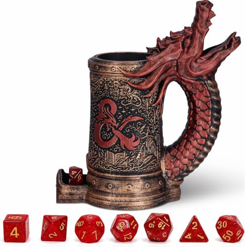 Tasse tour de dés, livrée avec un ensemble de 7 dés, convient pour les donjons et dragons DND, les jeux de table, disponible comme support de boisson, cadeaux D&D, accessoires DND (dragon rouge)