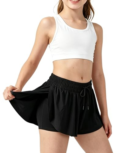 GOZINA Girls Running Shorts, 2 in 1 Flowy Skorts with Invisible Pockets, Elastic Sports Shorts for Gym Tennis Cycling (UK, Age, 10 Years, 12 Years, Regular, Black)