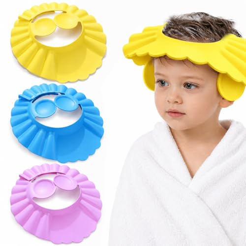 MLRUQRX 3 Gorros de Ducha Ajustables para Niña con Protectores de Oídos, Gorro de Baño Eva para Bebé, Niños y Adultos, Adecuado para Perímetro Cefálico 40-55 cm, Amarillo, Azul, Rosa