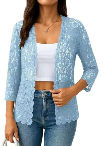 Bolero da Donna in Pizzo Coprispalle 3/4 con Bordo Smerlato e Pizzo Floreale Ondulato Lunghezza Media vestibilità Ampia Giacca Estiva Leggera Coprispalle per Vacanze Outfit Quotidiani con Jeans Azz