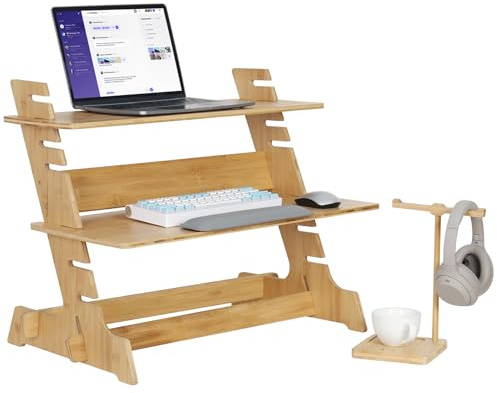 FATIVO Schreibtisch Stehpult Holz Höhenverstellbar: Schreibtisch mit Stauraum höhenverstellbare Computertischaufsatz Stehpult Laptopständer doppel Etagen mit Kopfhörerhalter