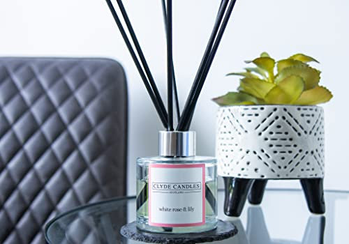 White Rose & Lily Reed Diffuser - Clyde Candles, Luxury Diffuser Oil with a Set of 7 Fibre Sticks, 100ml, Best Aroma Scent for Home, Kitchen, Living Room, Bathroom. Fragrance Diffusers set with sticks