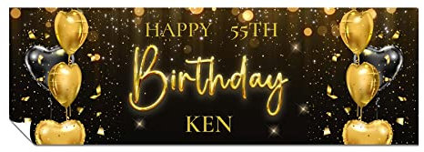 Personalised Birthday Banners - Happy Birthday Banners for Men & Women - HD Printed Banner Decorations for Him or Her - Party Wall Black & Gold 1 x 3ft Small Banner