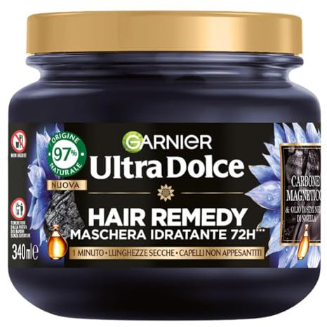 Garnier Ultra Dolce Carbone Magnetico, Maschera Idratante Hair Remedy, 97% Origine Naturale, 1 Minuto di Posa, Per Lunghezze Secche, Senza Siliconi, 340 ml