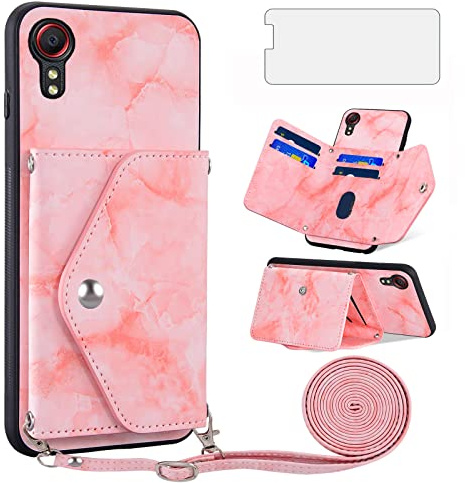 Asuwish Fodral för Samsung Galaxy Xcover 5 med Snodd och Härdat Glas Film,Flip Läder Stativ Korthållare Plånboksfodral Skal för Xfodral5 EE X 5EE Skydd Phone Wallet Case Marmor Rosa