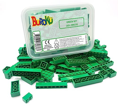 Buroku Green Set - Confezione di mattoni da costruzione verdi. 165 Pezzi. Bricks giocattolo compatibile con tutte le marche. Grandi pezzi verdi.