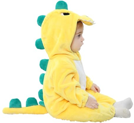 LOLANTA Unisex babydinosauriekostym, småbarn med huva, djurkostym, flanell, unionsdräkt, GUL, 4-5 År