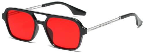 JCTAIFOO Gafas de sol cuadradas vintage de los años 70 para hombre y mujer, modernas, retro, rectángulo, pequeñas sombras, frescas, lindas gafas de moda, Negro-plata/rojo