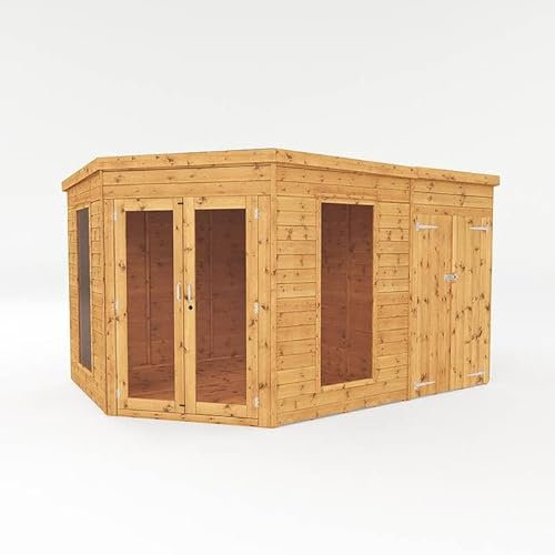 WALTONS | Wooden Corner Summerhouse with Side Shed | Shiplap Tongue & Groove | Garden Room | Flat Roof | Double Door | Outdoor Sun Room | 10 Year Anti Rot Guarantee | (12ft x 8ft)