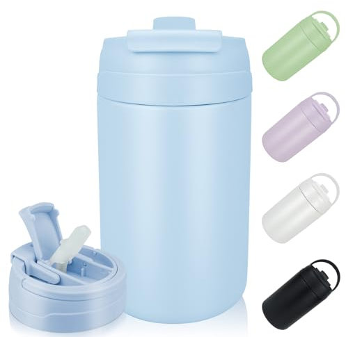Termosmugg 500 ml, mugg med lock och sugrör, dubbelväggig isolerad kaffemugg i rostfritt stål to go, läckagesäker Coffee to go mugg för varmt och kallt vatten, kaffe, te, blå