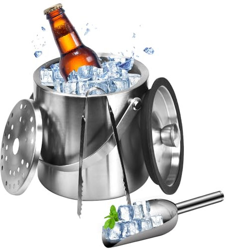 SLTAXAR Secchiello Ghiaccio Capacità 1.6L Portaghiaccio con Coperchio Filtro Contenitore per Ghiaccio in Acciaio Inossidabile con 1 Pinza per Ghiaccio + 1 Pala
