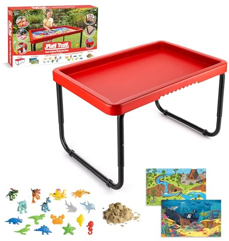 Play Tray Activity Table with Play Mat Set, Kids Sensory Play Tray, Sea Life and Dinosaur Theme Play Mat Set, Red