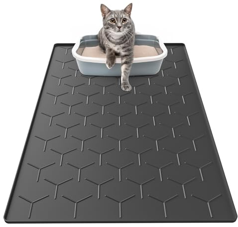 Garoopion Silicone Cat Litter Trapping Mat, Large Waterproof 34 X 22 Cat Litter Box Mat, Easy to Clean, Black