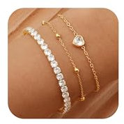 Armband Damen Gold Armreif Armkette - 3 Stück Edelstahl Schmuck 14K Vergoldet Elastische Zirkonia Tennisarmband Verstellbare Ketten Armbänder Set Geschenk für Frauen Freund Mädchen Weihnachtsgeschenke