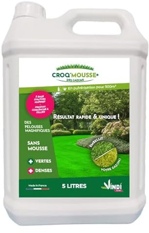 VINDI JARDIN - CROQ'MOUSSE des gazons – Engrais liquide organo-minéral 3 en 1 – Pelouse « sans mousse/+verte/+dense » - bidon 5L – Traitement pour 500m2 – Fabrication Française.