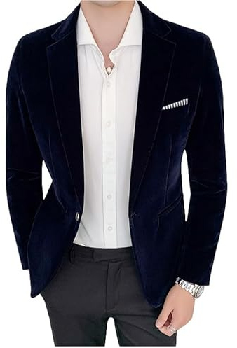 LIUYUYOUGO Män sammet kavajer smart casual smal passform sammet smoking jacka mode kontrast ficka blazer jacka en knapp sportrock elegant middag bal fest jacka, marinblå, M