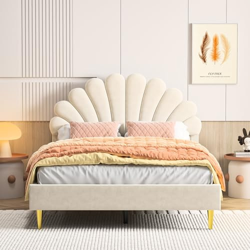 Lit pour Enfant rembourré, 140 x 200 cm, lit Simple/Double pour Fille, Cadre de lit avec tête de lit en Forme de Fleur et sommier à Lattes, Lit pour adolescente, sans Matelas, Velours, Beige