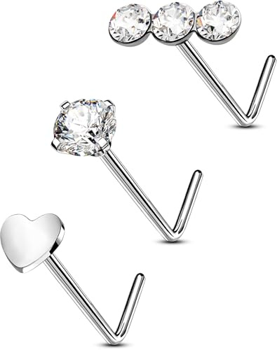 OUFER Kroppspiercing nässtav titan 3 st L-formade näspiercingar näsa piercing smycken 22 g nässtång näsborre piercing smycken 1,5 mm 2,5 mm 3 mm små näsben pin set, 22G